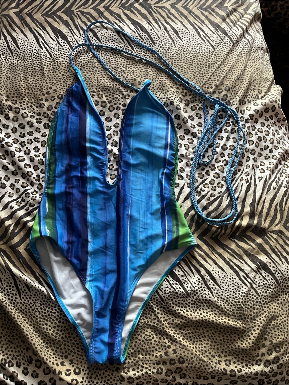 Deep V Blue Stripe One-Piece Swimsuit with Braided Halter